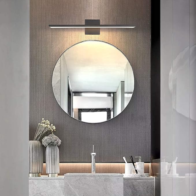 JUSHENG Bathroom Vanity Light Fixtures Aluminum & Stainless Steel Wall Mirror Vanity Light Fixtures for Bathroom & Bedroom Black Dimmable 24W 24" 3000K