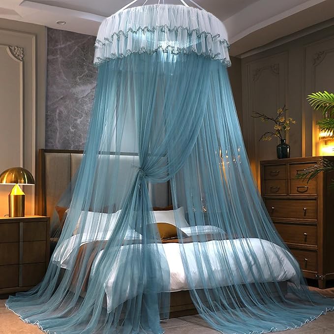 Kertnic Mosquito Net Bed Canopy for Girls, Princess Canopy Bed Curtain Fine Sheer Mesh Dome Bed Canopies, Kids & Adults Lace Tent for Twin Full Queen King Bed (Lake Blue)