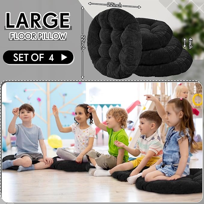 Jerify 4 Pcs Floor Pillow Cushions 22 x 22 Inch Round Square Large Meditation Floor Pillow for Classroom Adult Meditation Picnic Party Cushion for Seating Gift Christmas(Black,Round)