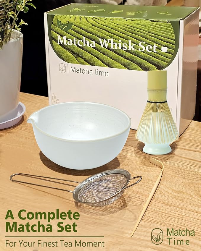 Matcha Whisk Set with Matcha Bowl, Matcha Whisk Holder Matcha Bamboo Whisk, Scoop, Sifter, Unique Gifts for Women Men Girl Friend Home Kitchen Decor（white）