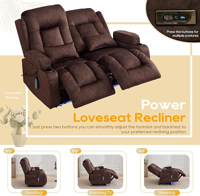 IPKIG 54" Power Loveseat Recliner Sofa, Electric Home Theater Seating with Massage Heat/4 Colors Ambient Lights/USB Port/Side Pocket/Cup Holder for Living Room, Bedroom, RVs(Brown, 2 Seater)