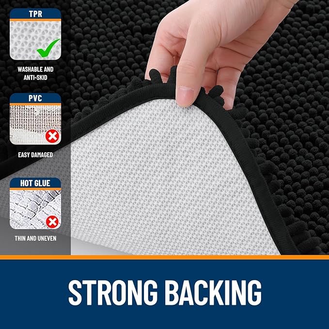 OLANLY Bathroom Rugs 45x27, Extra Soft Absorbent Chenille Bath Rugs, Rubber Backing Quick Dry, Machine Washable Bath Mats for Bathroom Floor, Tub and Shower, Home Decor Accessories, Black