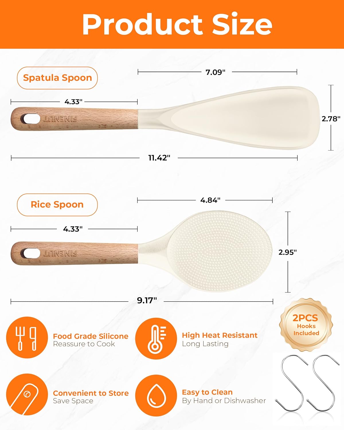 Multifunction Silicone Spatula Spoon 2-Pack Dual-Use-Heat-Resistant 446°F BPA-Free Non-Toxic Cooking for Non-Stick Cookware,Rice Cookers,Wooden Handle Scoop/Serve Meal/Rice Spoon Set (Khaki)