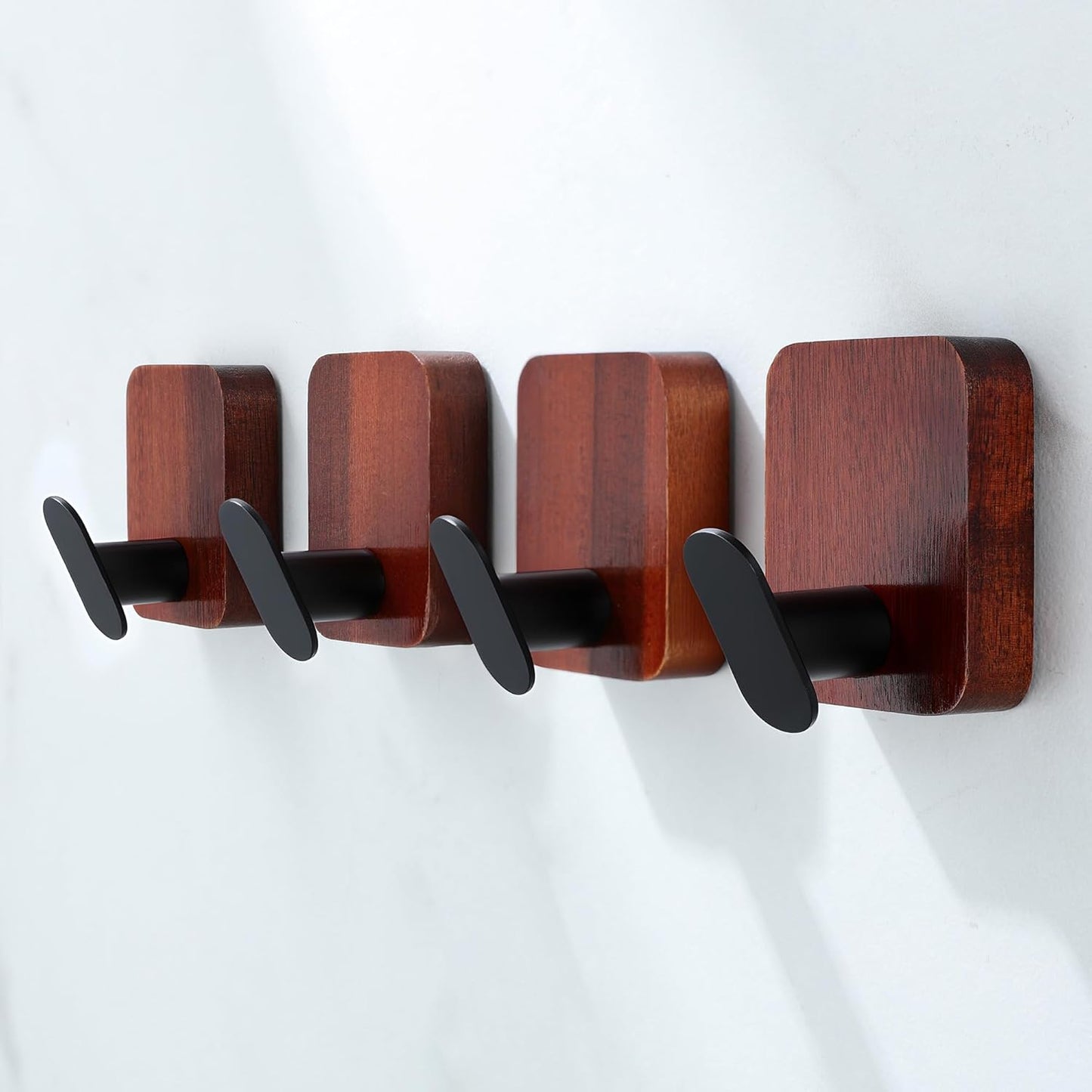 DELITON Acacia Wooden Towel Hooks Red Brown, 4 Pack Sticky Hooks for Hanging Towels, Coat, Hat, Robe, Heavy Duty, No Damage