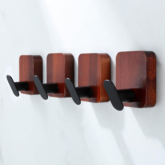 DELITON Acacia Wooden Towel Hooks Red Brown, 4 Pack Sticky Hooks for Hanging Towels, Coat, Hat, Robe, Heavy Duty, No Damage