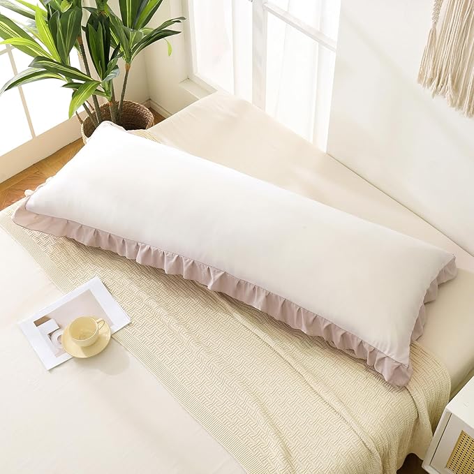 Merryword Beige Body Pillow Cover 20x54inches White and Beige Reversible Long Pillowcase Ruffled Body Pillowcases Cute Pillowcase Pillow Sham (1 Body, White Beige)