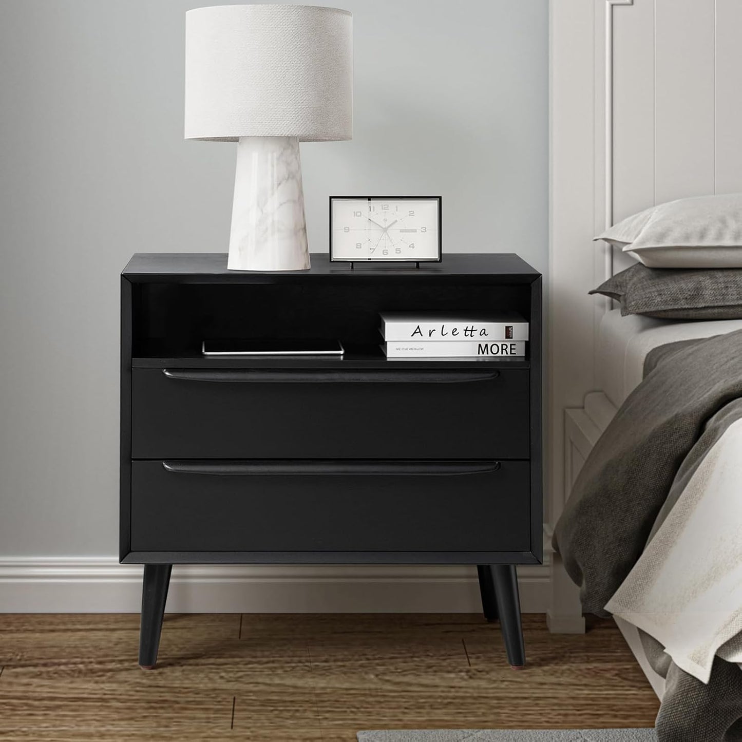 HULALA HOME Nightstand with Charging Station, Mid-Century Modern 2 Drawer and Open Shelf Dresser for Bedroom, Fluted Bedside Table, Black