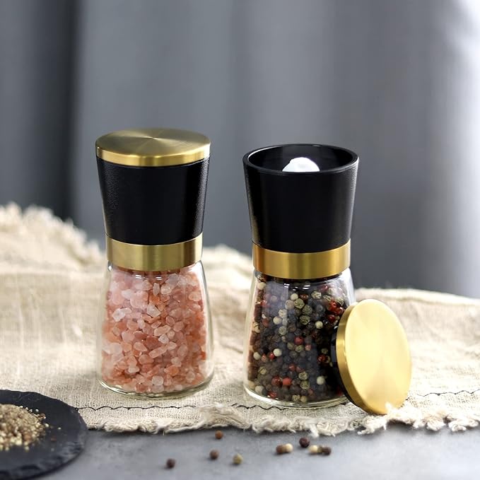 VEVOK CHEF Gold Salt and Pepper Grinder Set Stainless steel Salt and Pepper Mill Set Ceramic Adjustable Coarseness Spice Grinder Refillable Sea Salt Shaker Home Kitchen Decor