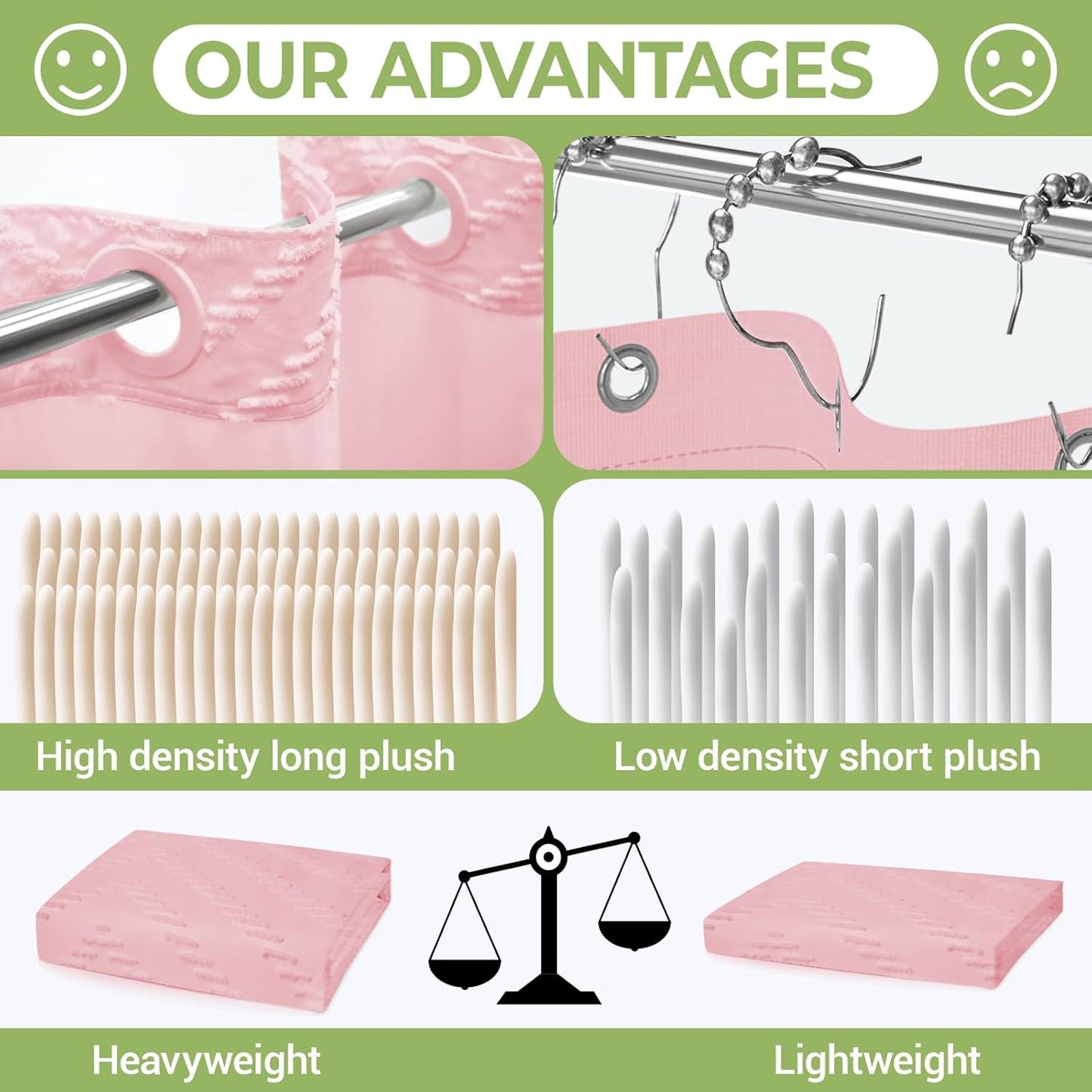 Long No Hook Shower Curtain with Snap in Liner, Tufted Chevron Striped Shower Curtain Set for Bathroom, Boho Waterproof and Washable Shower Curtains, 71Wx80H, Pink