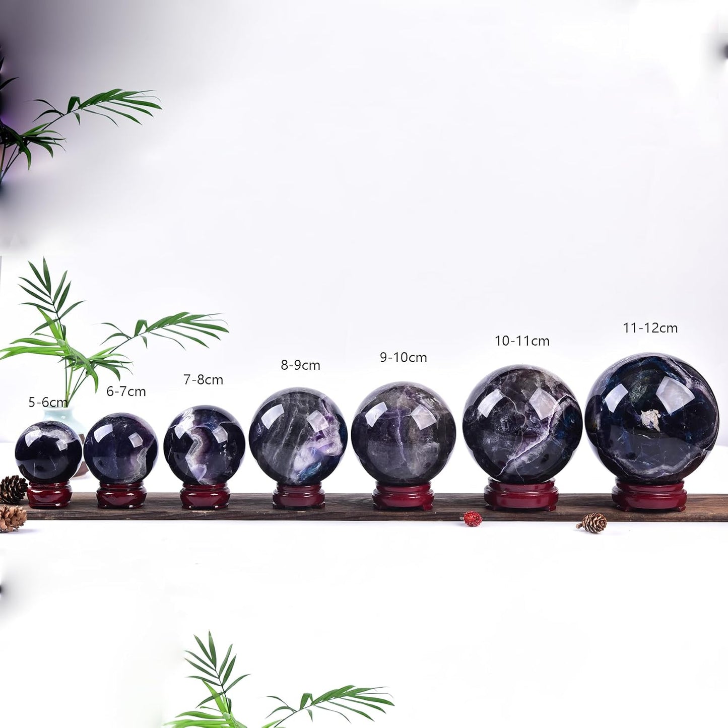 JIC Gem Natural Colorful Fluorite Crystal Sphere Crystal Decorative Ball with Wooden Stand Meditation Balls for Witchcraft Reiki Gift 60-70mm