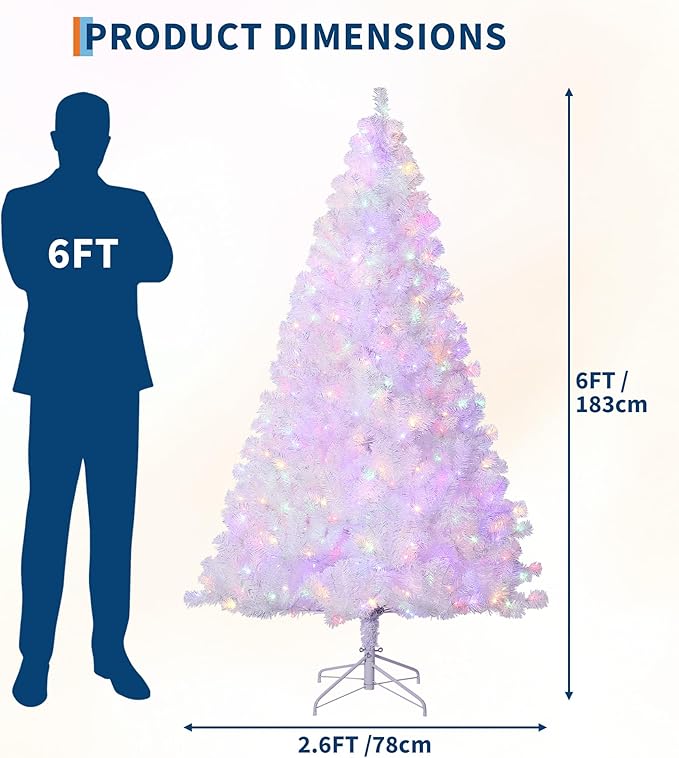 GarveeHome White Christmas Tree, 6ft Prelit Artificial Christmas Tree with LED Warm White Lights & Metal Stand, Fake Xmas Pine Holiday Decoration for Home, Office, Party