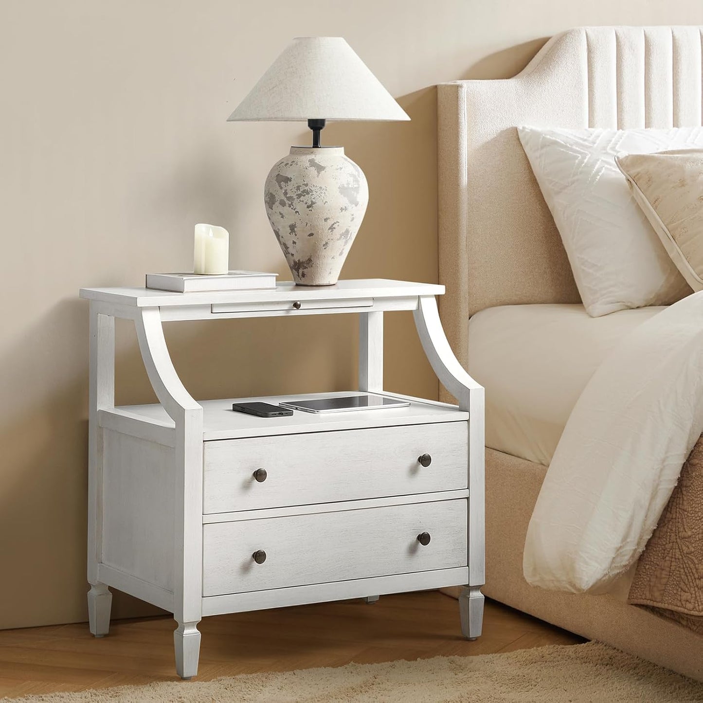 HULALA HOME Wood Nightstand with Charging Station, 2-Drawer Dresser with Wooden Legs, Mid-Century Modern Bedside Furniture, French-Style End Table for Bedroom, White