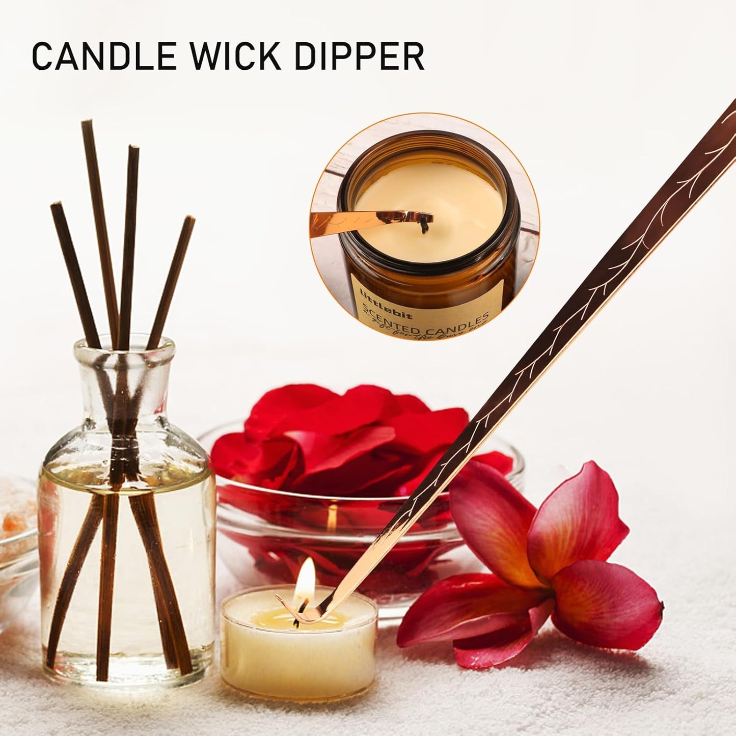 4 in 1 Elegant Candle Accessory Set, Rechargeable Lighter, Candle Wick Trimmer Cutter, Candle Snuffer & Candle Wick Dipper Candle Care Kit for Candle Aromatherapy Lover (Rose Golden)