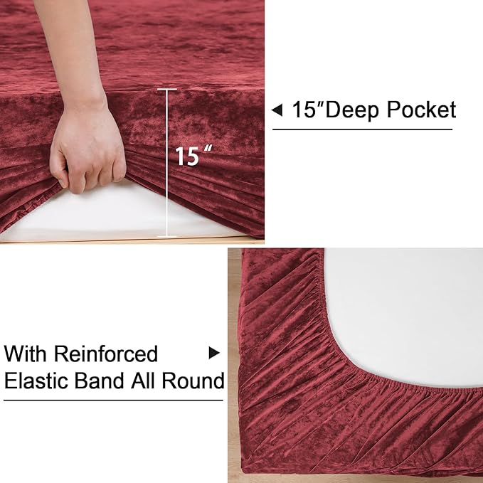 PHF Truly Velvet Fitted Sheet Only Twin Size, Christmas Luxury Super Soft Cozy Fuzzy Fleece Bottom Sheet with Deep Pocket Up to 16", Suitable for Fall Winter Spring, No Pillowcases, Wine Red