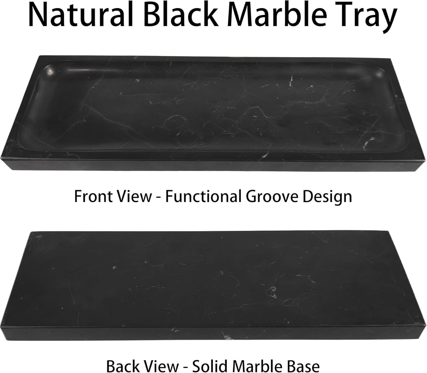 Black Marble Tray for Bathroom Countertop - Rectangular Vanity Organizer, Natural Stone Catchall Tray for Dresser, Entryway, Makeup, Jewelry | 10.6" x 3.5", Polished Finish