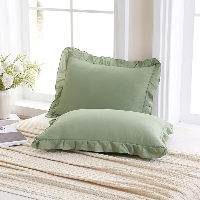 Merryword Avocado Green Pillowcases King Size Ruffled Pillow Shams Set of 2 Cute Pillowcases Solid Green Shabby Chic Pillow Cover 2 Pack