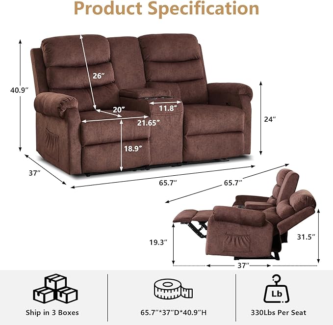 Loveseat Reclining Sofa, Home Theater Seating with Center Console, RV Recliner Sofa with Cup Holders and Pockets, Manual Double Seater Recliner for Living Room, Motor Home (Flannel Brown)