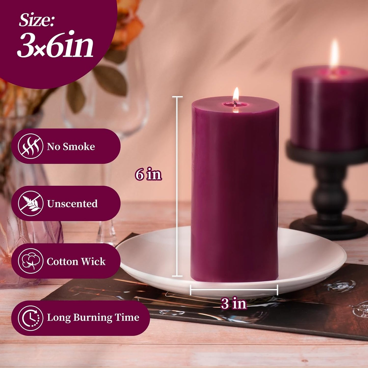 KONNI Purple Pillar Candles Set of 3, 3"x 6" Unscented Pillar Candles Bulk, 56 Hours Long Burning Candles, Smokeless&Dripless Large Round Candle for Wedding, Home Decoration, Parties, Spas, Dinner