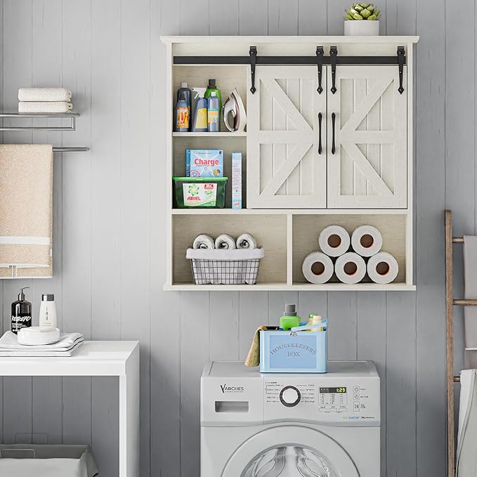 Vabches Bathroom Wall Cabinet, Farmhouse Medicine Cabinet with Double Sliding Barn Door and Adjustable Shelves, Wooden Vintage Storage Cabinet Wall Mounted for Bathroom, Kitchen Dining, White