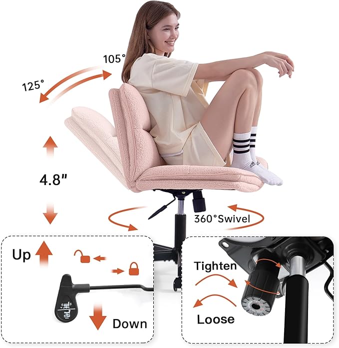 EMIAH Pink Criss Cross Armless Office Desk Chair with Wheels, Faux Fur, Comfy Mid-Back, Swivel, for Home Office