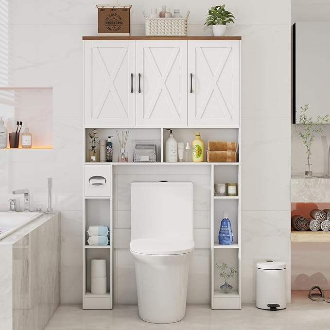 Over The Toilet Storage Cabinet, Farmhouse Toilet Cabinet Rack with 3 Barn Doors, Space Saving Bathroom Organizer with Shelves, Toilet Paper Holder and Towel Rack for Bathroom,Restroom,Laundry, White
