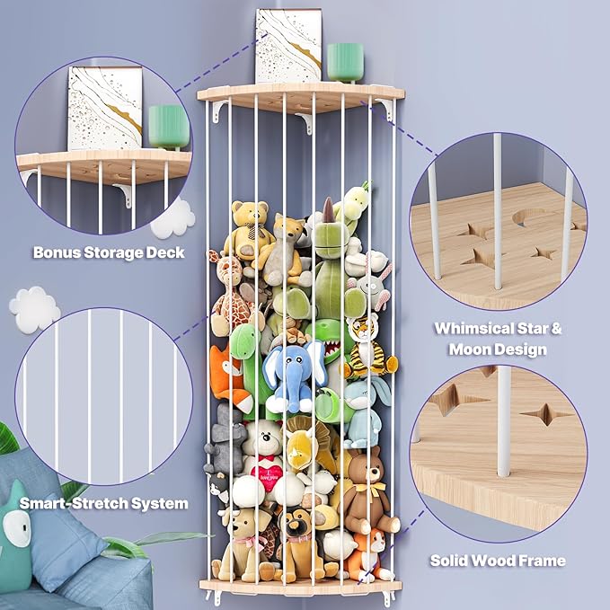 Stuffed Animal Storage & Toy Storage Organizer – Wooden Corner Hammock Shelf for Stuffed Animal Hammock Corner, Nursery, Playroom, Bedroom. Versatile Toy Organizer with Zoo Pattern