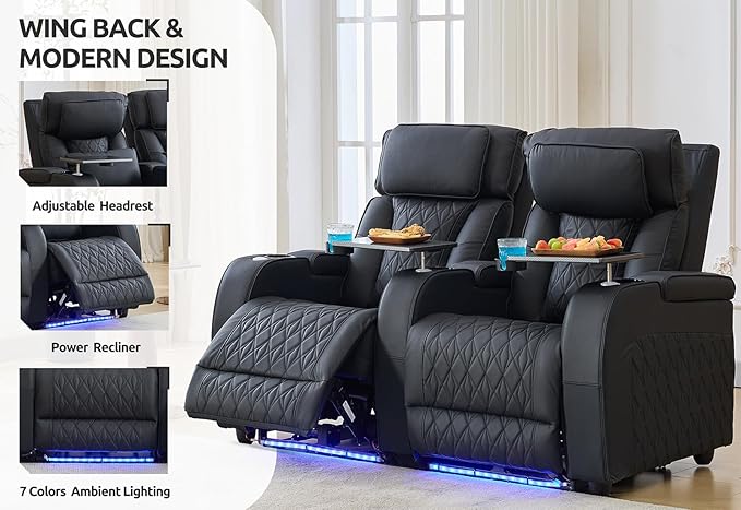 Home Theater Seating Top Grain Leather, Movie Theater Chairs Theater Recliner Sofa with Dual Power Ergonomic Design 7 Colors Ambient Lighting Tray Table Type-C USB Charge (Black, Row of 5)