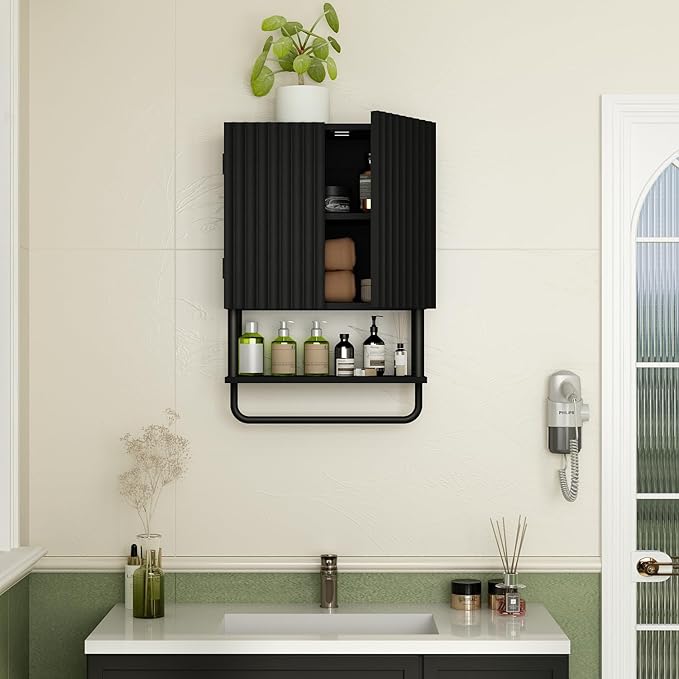 RUSTOWN Fluted Bathroom Wall Cabinet with 2 Doors, 3-Tier Modern Farmhouse Medicine Cabinet, Over The Toilet Storage Cabinet with Adjustable Shelf and Towel Bar(Black, Small)