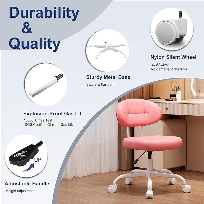 Misolant Vanity Chair with Back, Small Armless Cute Office Chair with Wheels and Lumbar Support, Comfy PU Leather Desk Computer Chairs with Adjustable Height, 360°Swivel for Home Bedroom Office, Pink