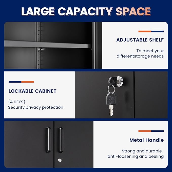 Yizosh Metal Storage Locking Cabinet with 4 Doors and 2 Adjustable Shelves,71" Lockable Garage Tall Steel Cabinet,for Home Office,Living Room,Pantry,Gym,Commercial Storage (Black)
