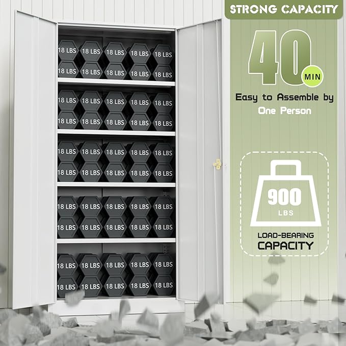 SUNCROWN 72" Metal Storage Cabinet - Heavy-Duty Metal Garage Cabinet with 4 Adjustable Shelves & 2 Doors for Tools, Office, Home, Workshop,White-Small