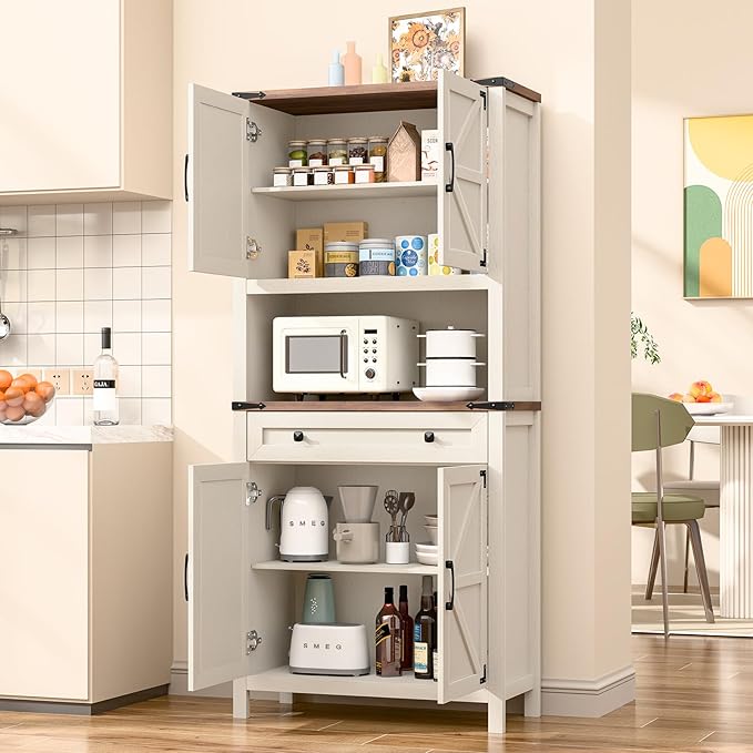 72" H Tall Farmhouse Storage Cabinet with Drawer, 6 Tier Kitchen Pantry Organize with 4 Barn Door and Adjustable Shelf, Microwave Stand for Kitchen, Garage, Living, Utility Room, White