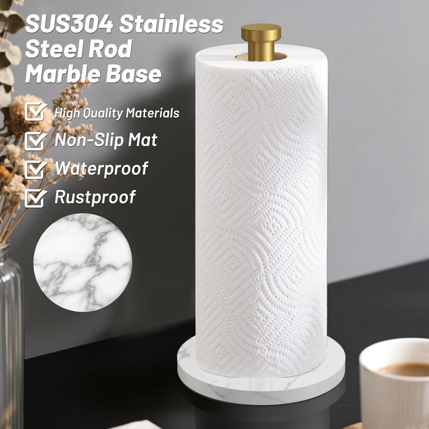 VEHHE Marble Paper Towel Holder for Kitchen Countertop, Standing Paper Towel Stand with Weighted Base & EVA Non-Slip Pad, for Bathroom or Kitchen (Gold)