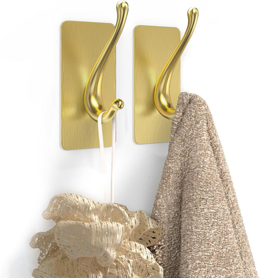 Towel Hooks, Solid Alloy Adhesive Wall Hooks for Hanging, Towel Hooks for Bathroom, RV, Kitchen, Closets, etc (Gold, 2 Pack)