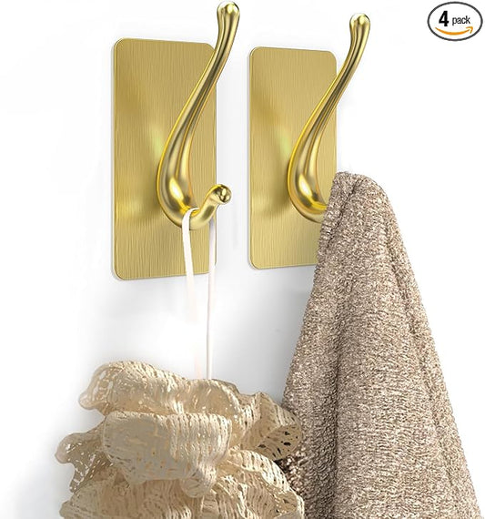 Towel Hooks, Solid Alloy Adhesive Wall Hooks for Hanging, Towel Hooks for Bathroom, RV, Kitchen, Closets, etc (Gold, 2 Pack)