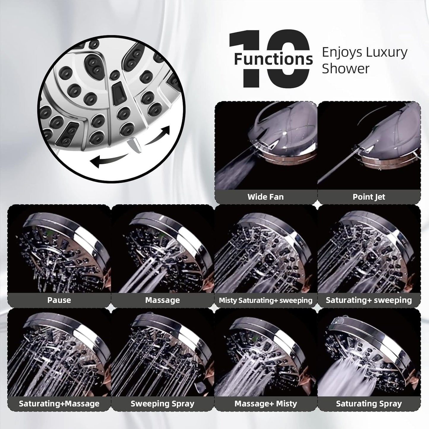 Shower Head,10 Functions High Pressure shower head with handheld, Built-in Pause Mode & 2 Power Wash, Non-Clogging Nozzles High Flow Hand Held Shower Head, Leakproof 6.5ft Hose&Metal Bracket