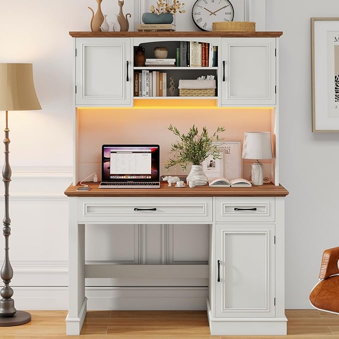 Farmhouse 47" Executive Desk with Hutch, 2 Drawers and LED Light, Computer Desk with Storage Cabinet and Charging Station,Workstation for Home Office and Study.Unique White