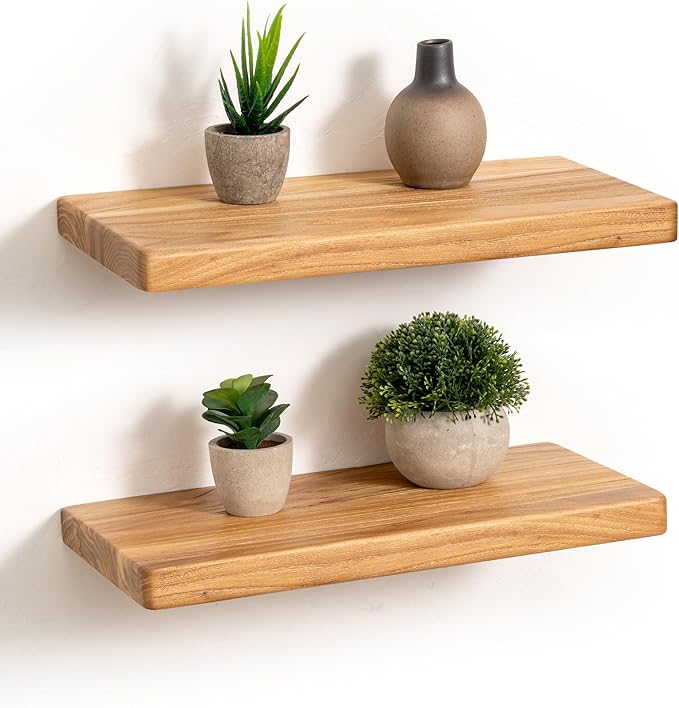 Rustic Solid Elm Wood Floating Shelves, 16" W x 8" D Floating Shelf Wall Mounted, 8 Inch Deep Wall Shelves, Wooden Bathroom Shelf for Home, Deep Bookshelf for Living Room, Set of 2