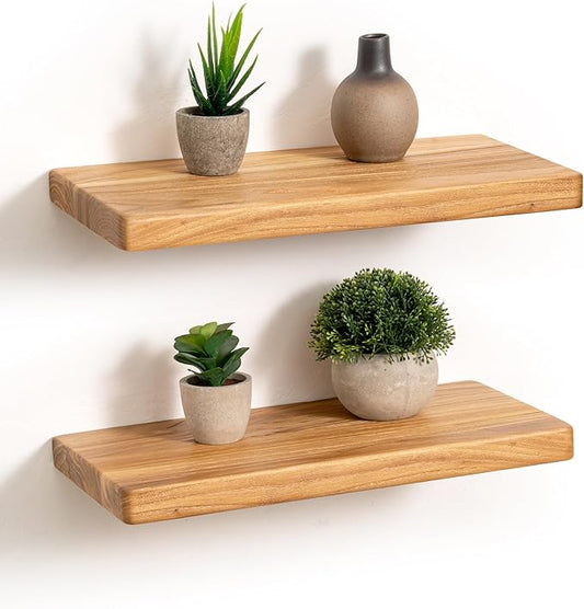 Rustic Solid Elm Wood Floating Shelves, 16" W x 8" D Floating Shelf Wall Mounted, 8 Inch Deep Wall Shelves, Wooden Bathroom Shelf for Home, Deep Bookshelf for Living Room, Set of 2