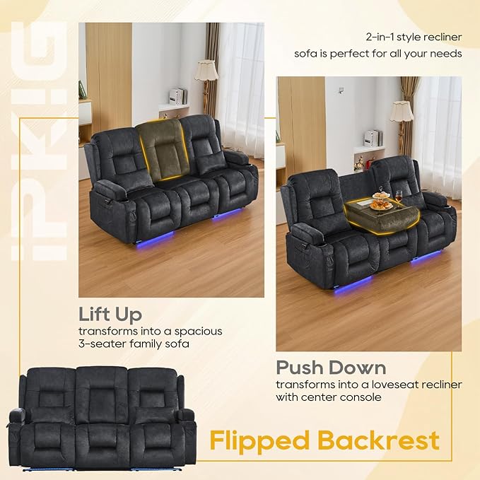 IPKIG 76" Power Reclining Sofa, Electric Home Theater Seating with Flipped Middle Backrest/LED Lighting/USB Ports/Built-in Outlets, Dual Recliner Sofa 3 Seater for Living Room RV (Grey)