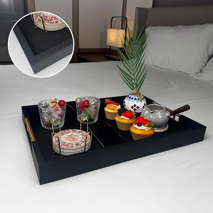 14x20 Inches Black Faux Leather Wrappen Wood Serving Tray with Metal Handles for Various Occasions, Ottoman, Home Decor Decorative, Living Room, Coffee Table Organizer, Serving Breakfast On Bed