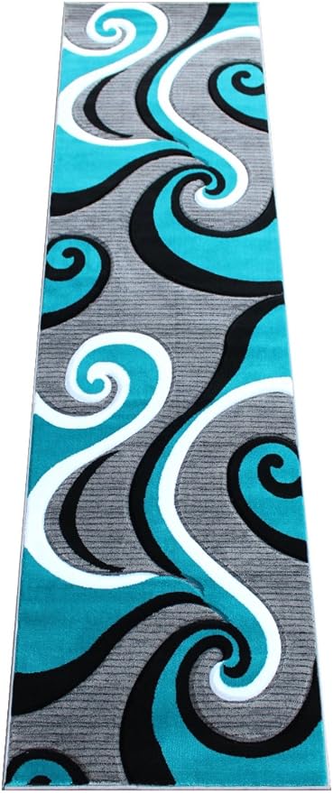 Masada Rugs, Sophia Collection Hand Carved Area Rug Modern Contemporary Turquoise White Grey Black (2 Feet 8 Inch X 10 Feet) Runner