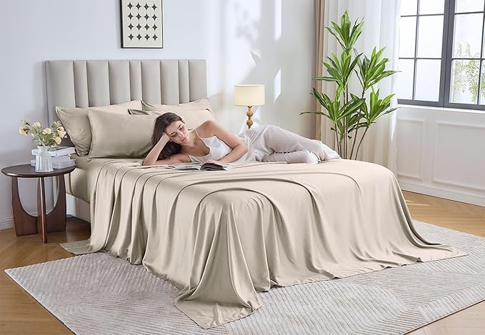 Pure Bamboo Full Sheets, Genuine 100% Organic Viscose Derived from Bamboo Bed Sheet Set, Luxuriously Soft & Cooling, Double Stitching, Lifetime Quality Promise (Full, Creme)