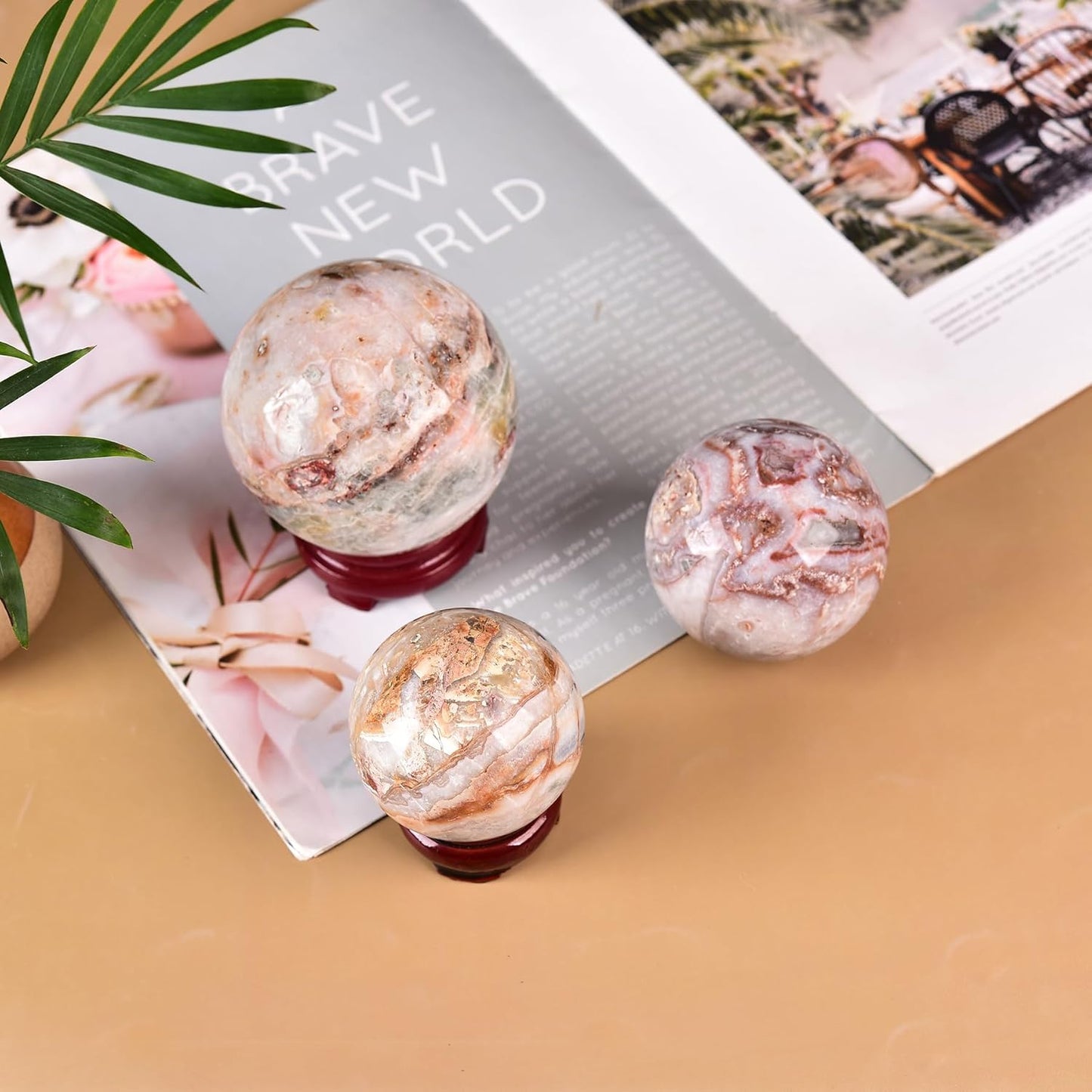 JIC Gem Striped Agate Crystal Ball with Wooden Stand Healing Crystal Sphere Ball for Feng Shui Decor Spiritual Gifts 60-70mm