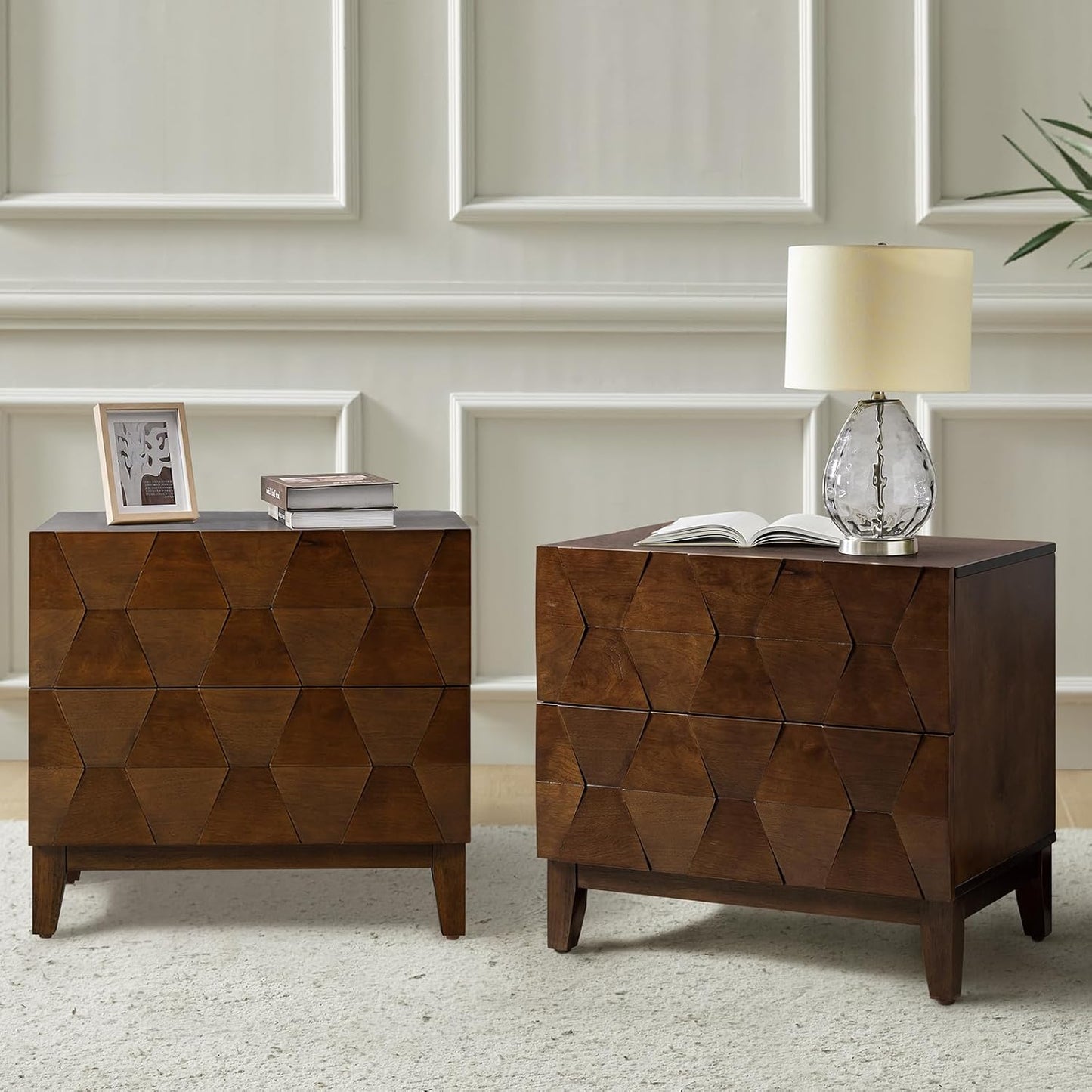 HULALA HOME Wood Nightstand Set of 2 with Charging Station 2 Drawer Dresser with Wooden Legs Mid Century Modern Bedside French Style End Table for Bedroom, Walnut