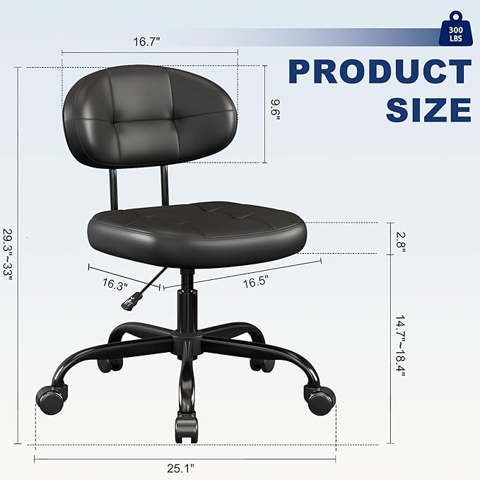 Misolant Vanity Chair with back, Small Armless Cute office Chair with wheels and Lumbar support, Comfy PU Leather Desk Computer Chairs with Adjustable Height, 360°Swivel for Home Bedroom Office, Black