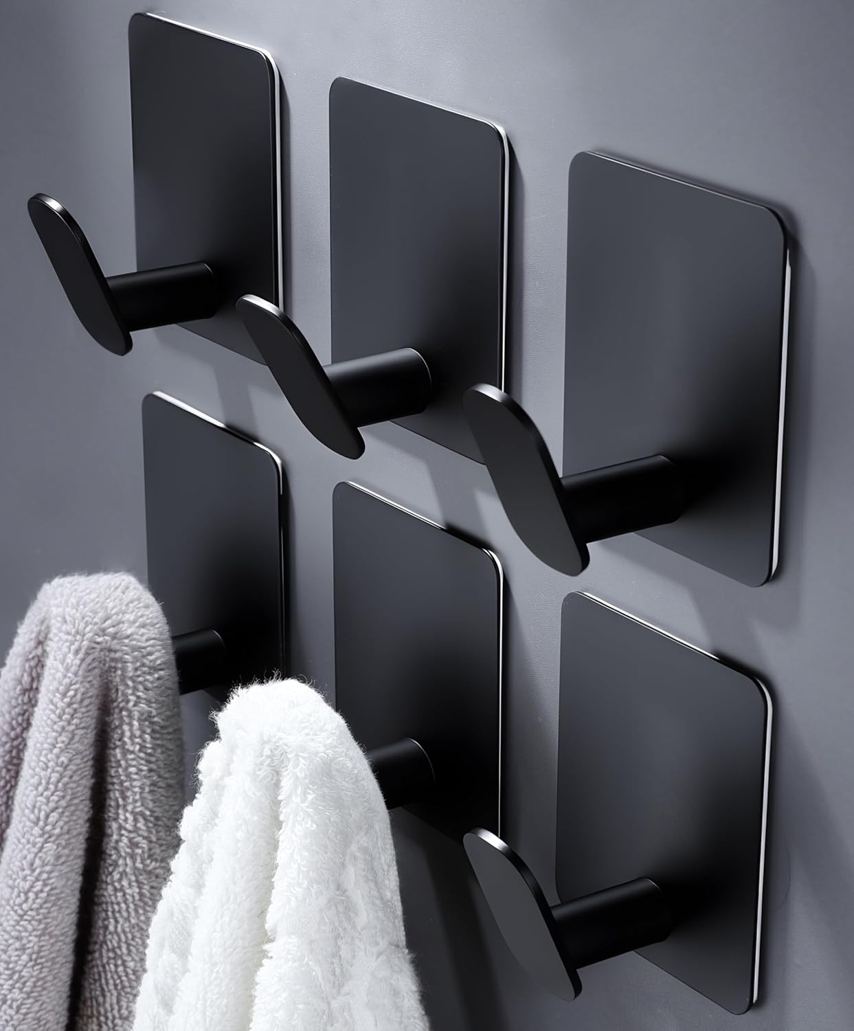 DELITON Black Towel Hook 6 Pack, Stainless Steel Stick on Wall Hooks for Hanging Coat Robe Hat, Self Adhesive Hooks, Heavy Duty, No Damage