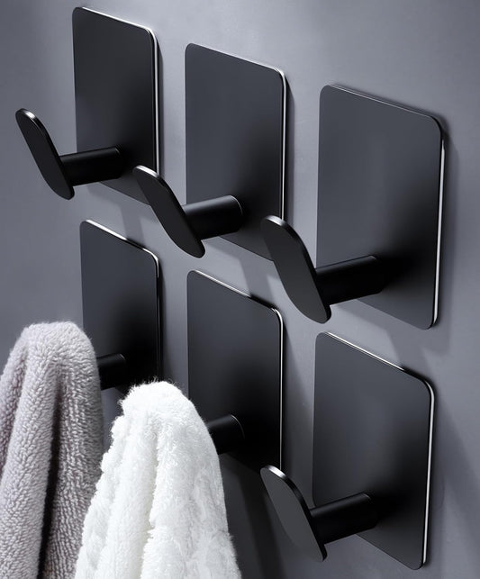DELITON Black Towel Hook 6 Pack, Stainless Steel Stick on Wall Hooks for Hanging Coat Robe Hat, Self Adhesive Hooks, Heavy Duty, No Damage