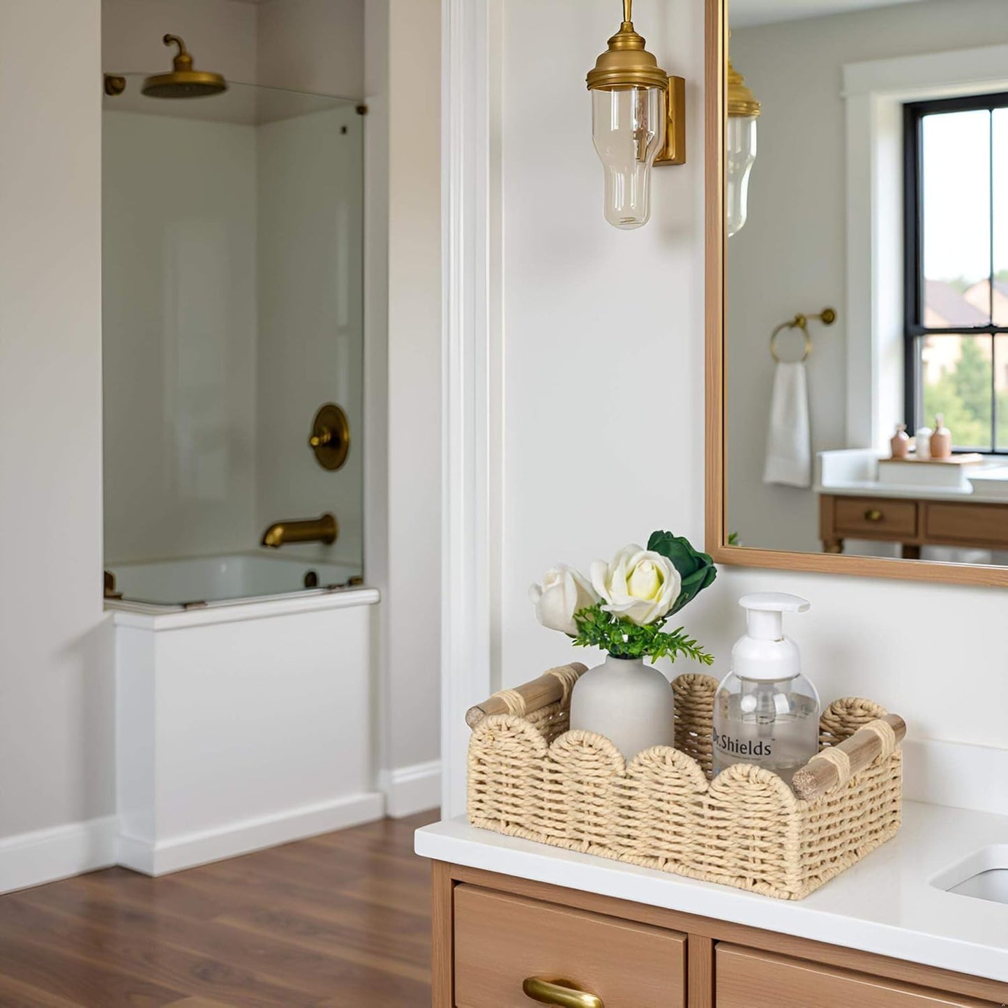 CubesLand Scalloped Edge Toilet Paper Storage Basket, Living Room Home Cozy Decor Basket, Paper Rope Small Baskets for Over Toilet Storage Shelf, End Table, Shelves, with 2 Wooden Handles, Beige