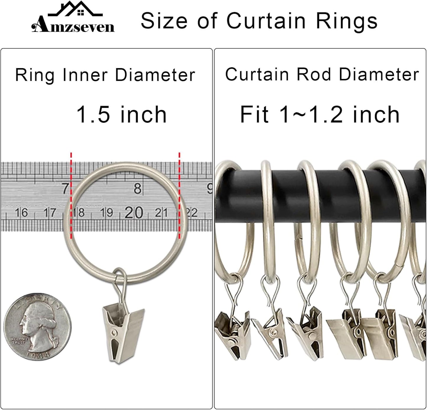 40 Pack Metal Curtain Rings with Clips, Drapery Clips Hooks, Decorative Curtain Rod Clips 1.5 in Interior Diameter, Matte Silver